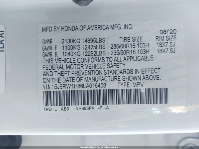 5J6RW1H86LA016458 Honda Cr-v 2wd Ex-l