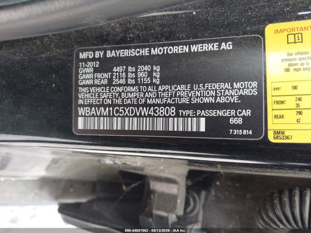 44857662 :رقم المزاد ، WBAVM1C5XDVW43808 vin ، 2013 Bmw X1 Sdrive28i مزاد بيع
