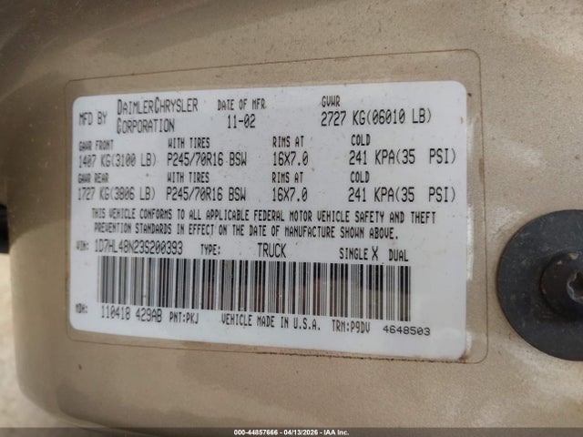 44857666 :رقم المزاد ، 1D7HL48N23S200393 vin ، 2003 Dodge Dakota Slt مزاد بيع
