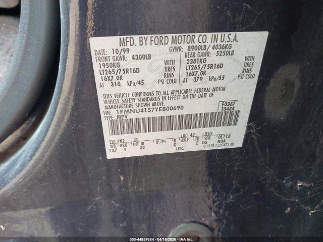 Aukcja sprzedaży 2000 Ford Excursion Xlt, vin: 1FMNU41S7YEB00690, numer aukcji: 44857684