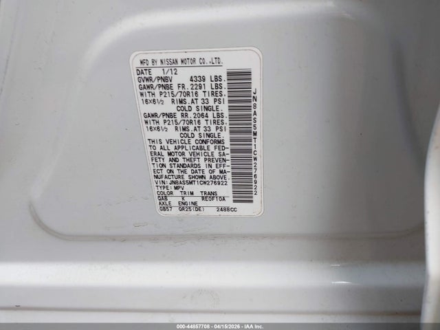 2012 Nissan Rogue S მანქანა იყიდება აუქციონზე, vin: JN8AS5MT1CW276922, აუქციონის ნომერი: 44857708