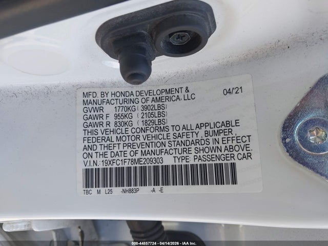 44857724 :رقم المزاد ، 19XFC1F78ME209303 vin ، 2021 Honda Civic Ex-l مزاد بيع