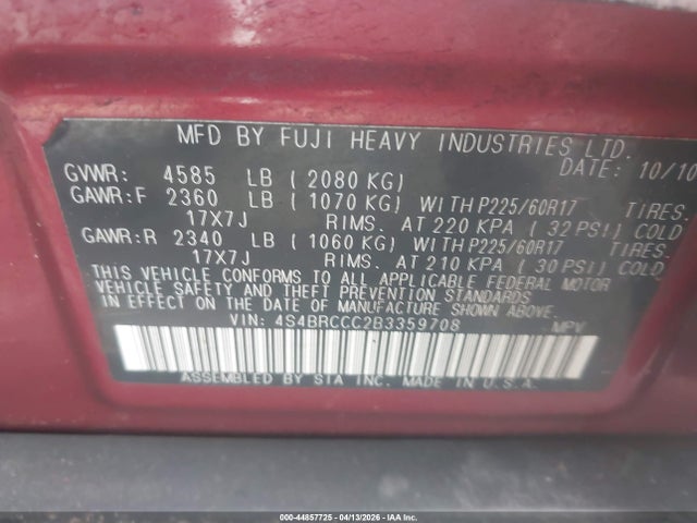 44857725 :رقم المزاد ، 4S4BRCCC2B3359708 vin ، 2011 Subaru Outback 2.5i Premium مزاد بيع