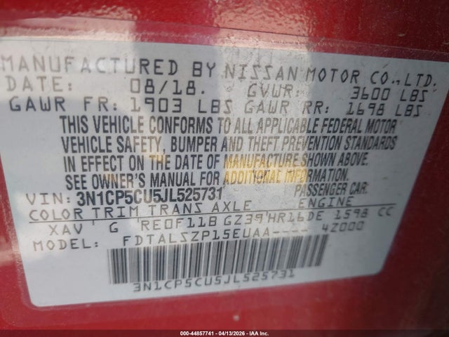 3N1CP5CU5JL525731 Nissan KICKS SV