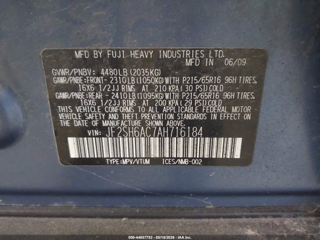 Продаж на аукціоні авто 2010 Subaru Forester 2.5x, vin: JF2SH6AC7AH716184, номер лоту: 44857752