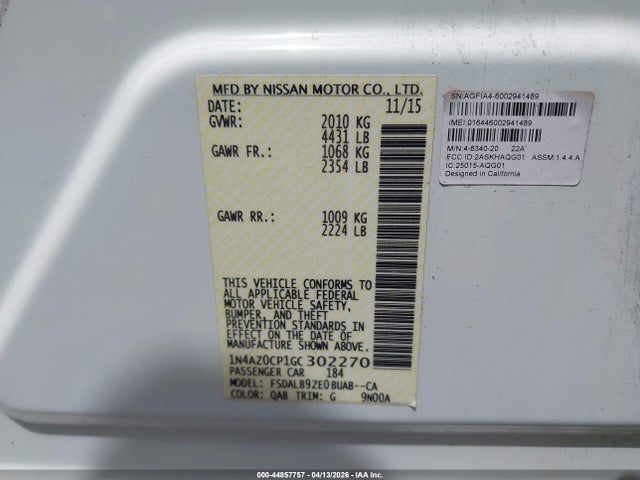2016 Nissan Leaf S მანქანა იყიდება აუქციონზე, vin: 1N4AZ0CP1GC302270, აუქციონის ნომერი: 44857757