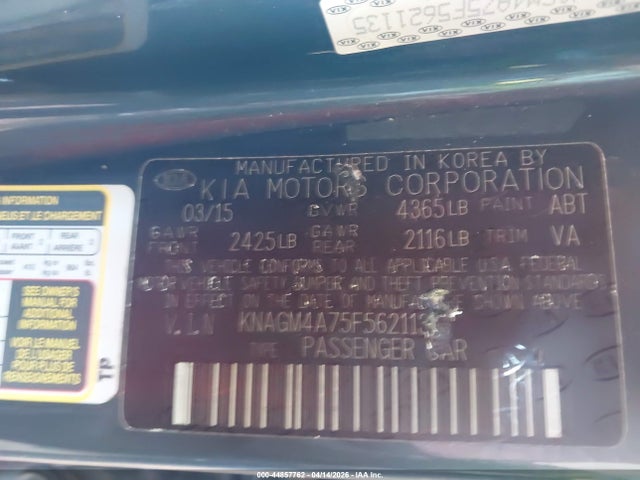Продажа на аукционе авто 2015 Kia Optima Lx, vin: KNAGM4A75F5621135, номер лота: 44857762