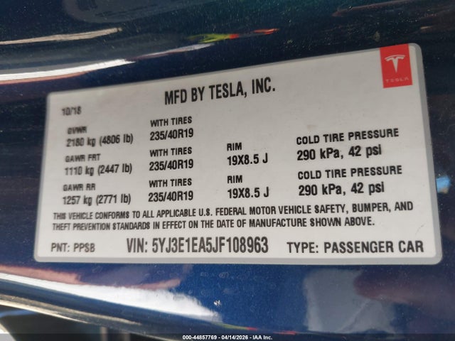 Продаж на аукціоні авто 2018 Tesla Model 3 Long Range/mid Range, vin: 5YJ3E1EA5JF108963, номер лоту: 44857769