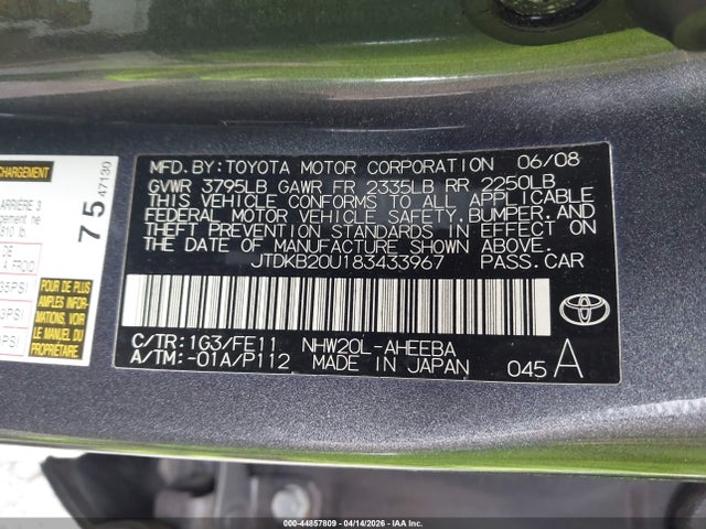 2008 Toyota Prius მანქანა იყიდება აუქციონზე, vin: JTDKB20U183433967, აუქციონის ნომერი: 44857809