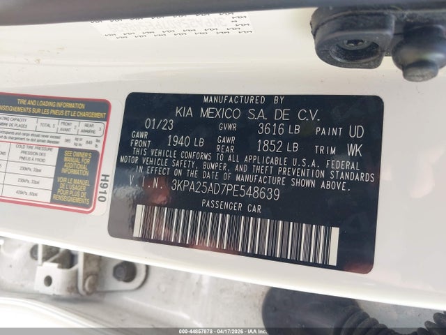 Aukcja sprzedaży 2023 Kia Rio 5-door S, vin: 3KPA25AD7PE548639, numer aukcji: 44857878
