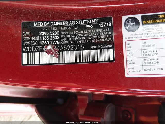 44857887 :رقم المزاد ، WDDZF4KB3KA592315 vin ، 2019 Mercedes-benz E 300 4matic مزاد بيع