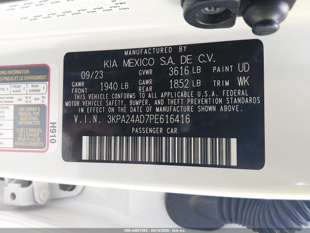 44857892 :رقم المزاد ، 3KPA24AD7PE616416 vin ، 2023 Kia Rio Lx مزاد بيع