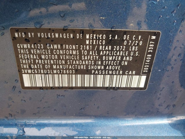2020 Volkswagen Jetta 1.4t R-line/1.4t S/1.4t Se მანქანა იყიდება აუქციონზე, vin: 3VWC57BU3LM078603, აუქციონის ნომერი: 44857894