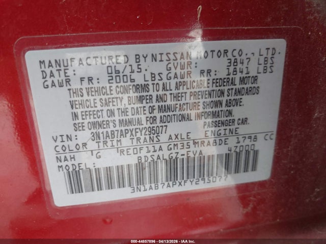 Aukcja sprzedaży 2015 Nissan Sentra Sl, vin: 3N1AB7APXFY295077, numer aukcji: 44857896