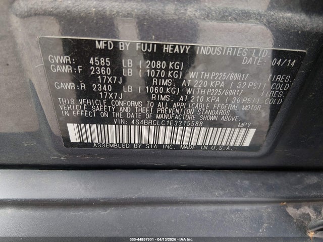 2014 Subaru Outback 2.5i Limited მანქანა იყიდება აუქციონზე, vin: 4S4BRCLC1E3315588, აუქციონის ნომერი: 44857901