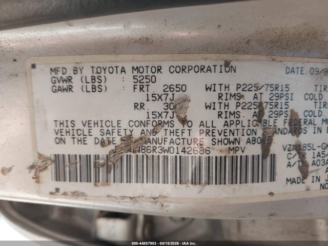 44857903 :رقم المزاد ، JT3HN86R3W0142686 vin ، 1998 Toyota 4runner Sr5 V6 مزاد بيع