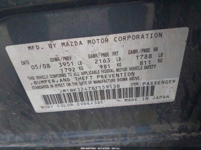 Продаж на аукціоні авто 2008 Mazda Mazda3, vin: JM1BK324781159138, номер лоту: 44857904