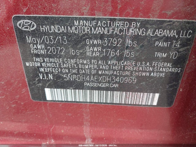44857905 :رقم المزاد ، 5NPDH4AEXDH340969 vin ، 2013 Hyundai Elantra Gls مزاد بيع