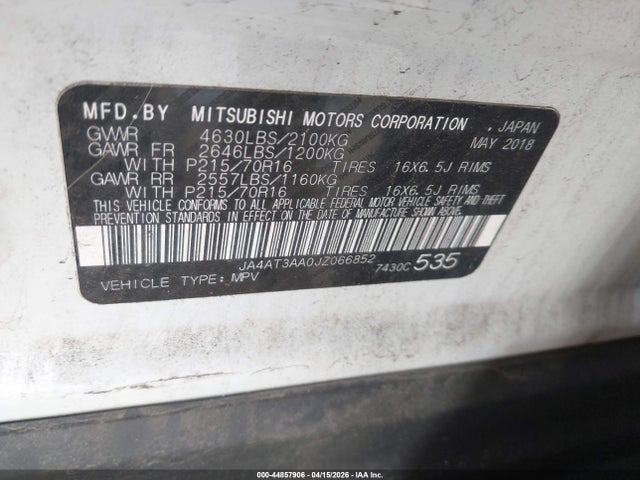 Продаж на аукціоні авто 2018 Mitsubishi Eclipse Cross Es, vin: JA4AT3AA0JZ066852, номер лоту: 44857906