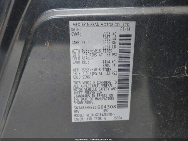 Aukcja sprzedaży 2014 Nissan Pathfinder Sl, vin: 5N1AR2MN7EC664308, numer aukcji: 44857911
