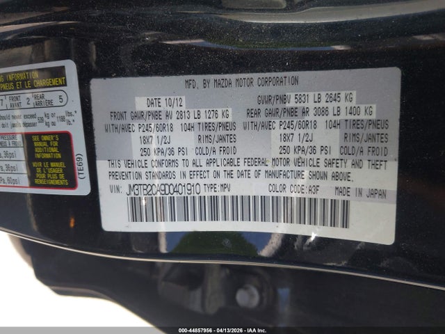 Продажа на аукционе авто 2013 Mazda Cx-9 Touring, vin: JM3TB2CA9D0401910, номер лота: 44857956