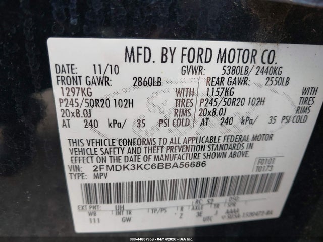 Продажа на аукционе авто 2011 Ford Edge Limited, vin: 2FMDK3KC6BBA56686, номер лота: 44857958