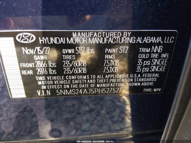 Aukcja sprzedaży 2023 Hyundai Santa Fe Sel, vin: 5NMS24AJ5PH527527, numer aukcji: 44857978