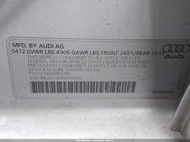 2013 Audi A4 2.0t Premium მანქანა იყიდება აუქციონზე, vin: WAUBFAFL5DN004856, აუქციონის ნომერი: 44857981