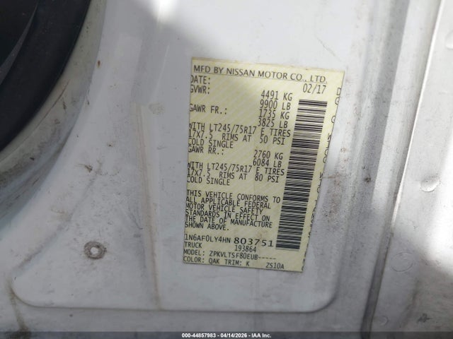 44857983 :رقم المزاد ، 1N6AF0LY4HN803751 vin ، 2017 Nissan Nv Cargo Nv3500 Hd Sv V8 مزاد بيع