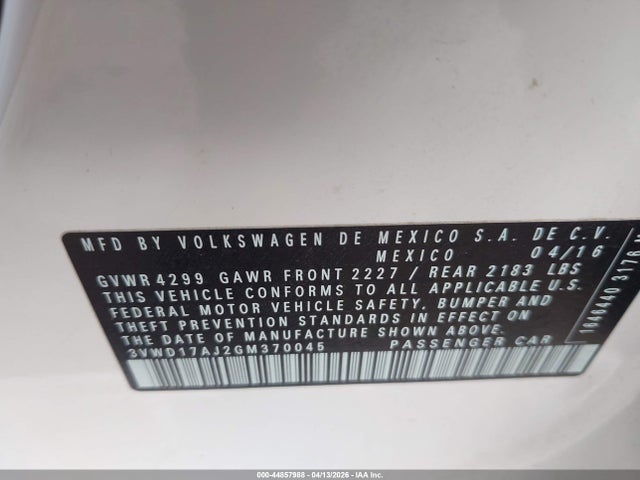 Aukcja sprzedaży 2016 Volkswagen Jetta 1.8t Sport, vin: 3VWD17AJ2GM370045, numer aukcji: 44857988