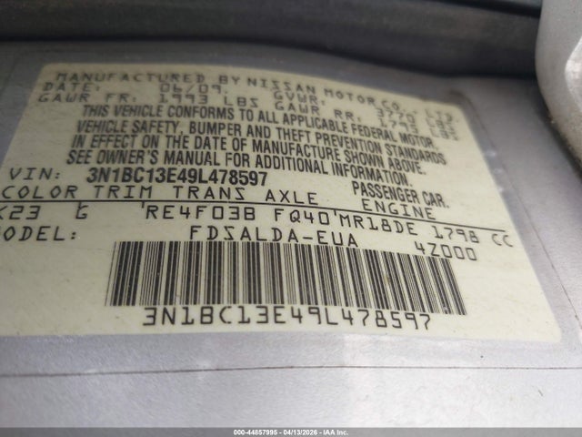 Aukcja sprzedaży 2009 Nissan Versa 1.8s, vin: 3N1BC13E49L478597, numer aukcji: 44857995