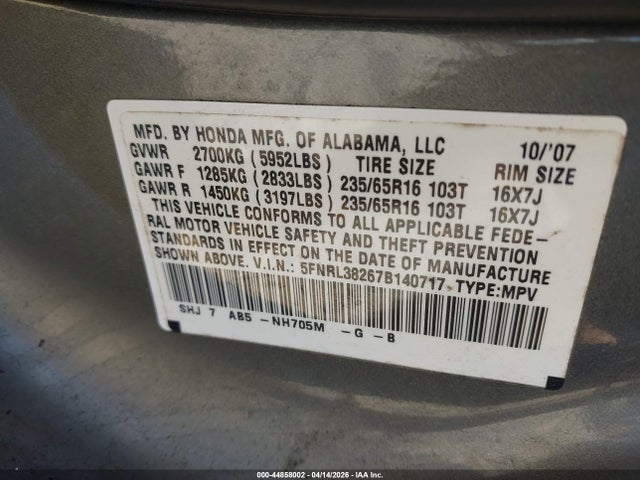 Aukcja sprzedaży 2007 Honda Odyssey Lx, vin: 5FNRL38267B140717, numer aukcji: 44858002