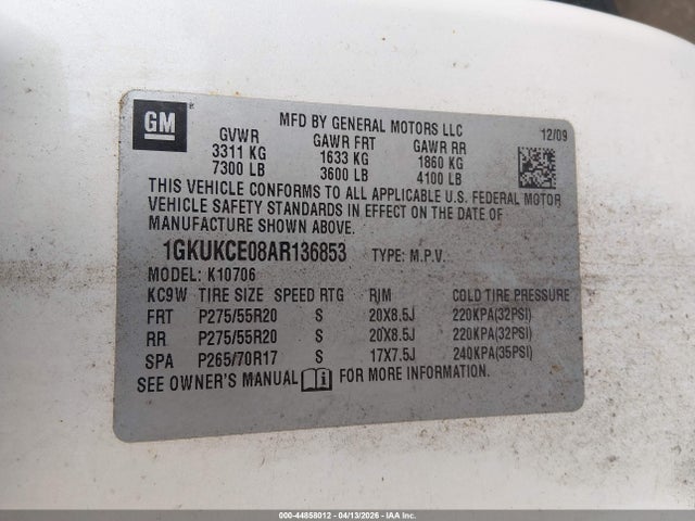 Aukcja sprzedaży 2010 Gmc Yukon Slt, vin: 1GKUKCE08AR136853, numer aukcji: 44858012