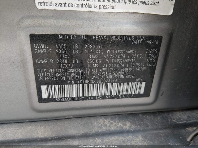 44858015 :رقم المزاد ، 4S4BRCCC6B3348744 vin ، 2011 Subaru Outback 2.5i Premium مزاد بيع