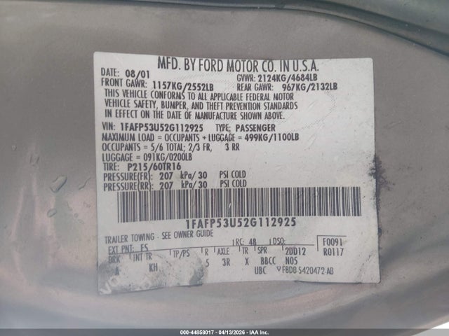 Продажа на аукционе авто 2002 Ford Taurus Se, vin: 1FAFP53U52G112925, номер лота: 44858017
