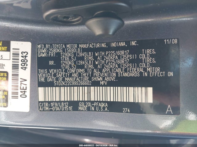 2009 TOYOTA SIENNA 5TDZK22C99S266602 Photo 8