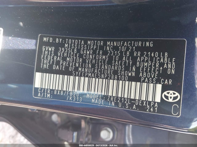 5YFEPMAE5NP288100 Toyota COROLLA LE