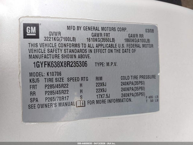 Aukcja sprzedaży 2008 Cadillac Escalade Standard, vin: 1GYFK638X8R235306, numer aukcji: 44858030