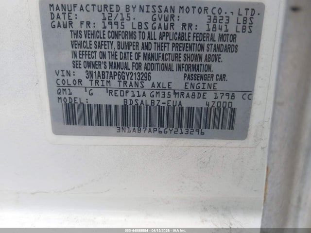44858084 :رقم المزاد ، 3N1AB7AP6GY213296 vin ، 2016 Nissan Sentra S مزاد بيع