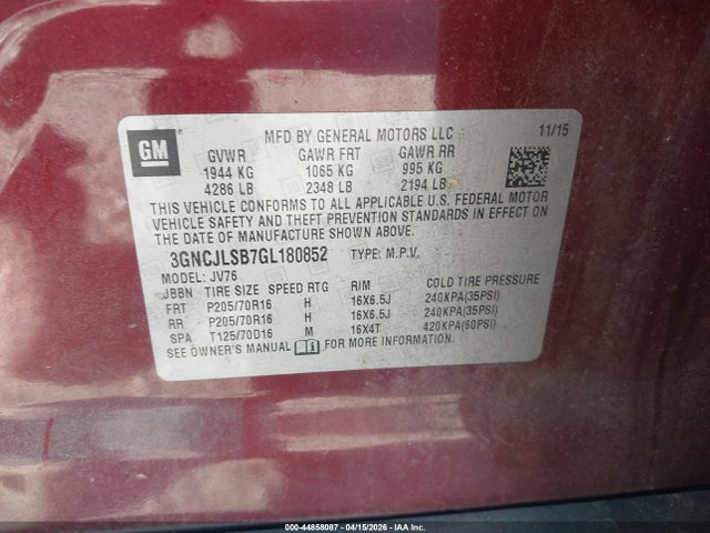 Продаж на аукціоні авто 2016 Chevrolet Trax Lt, vin: 3GNCJLSB7GL180852, номер лоту: 44858087