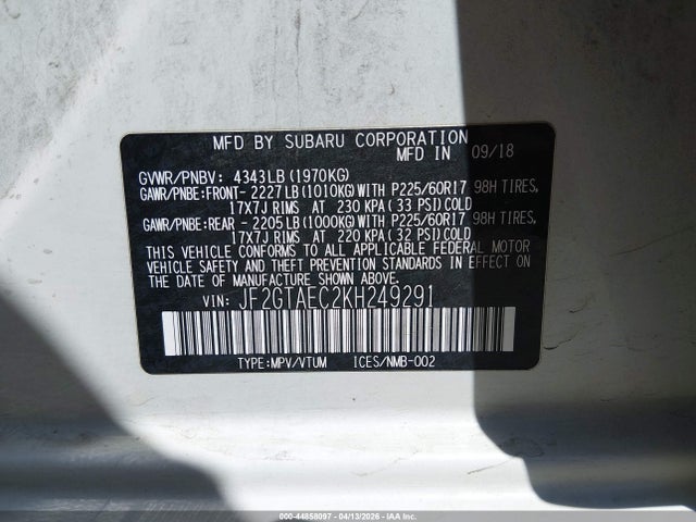 2019 Subaru Crosstrek 2.0i Premium მანქანა იყიდება აუქციონზე, vin: JF2GTAEC2KH249291, აუქციონის ნომერი: 44858097