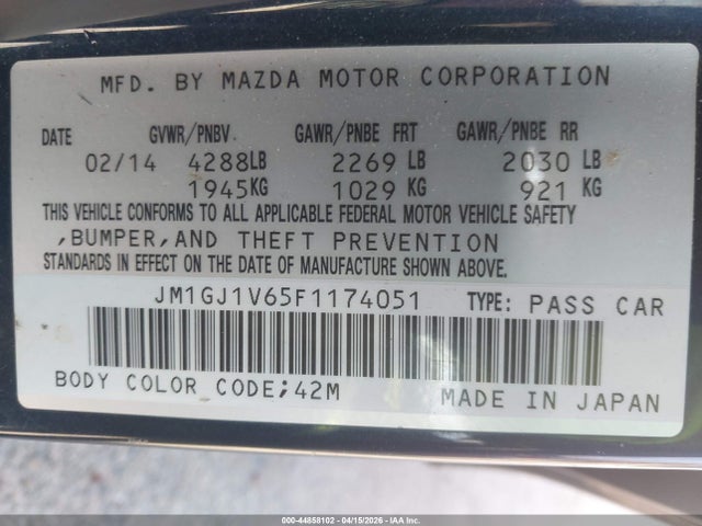 Aukcja sprzedaży 2015 Mazda Mazda6 I Touring, vin: JM1GJ1V65F1174051, numer aukcji: 44858102