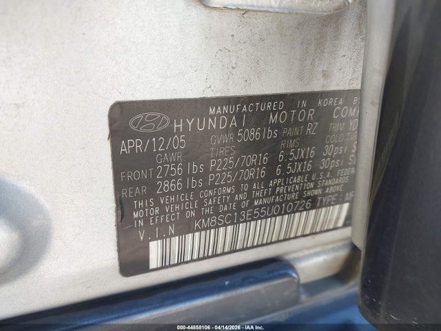 2005 Hyundai Santa Fe Gls/lx მანქანა იყიდება აუქციონზე, vin: KM8SC13E55U010726, აუქციონის ნომერი: 44858106