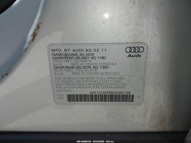 Продажа на аукционе авто 2011 Audi Q5 2.0t Premium, vin: WA1LFAFP8BA086168, номер лота: 44858108
