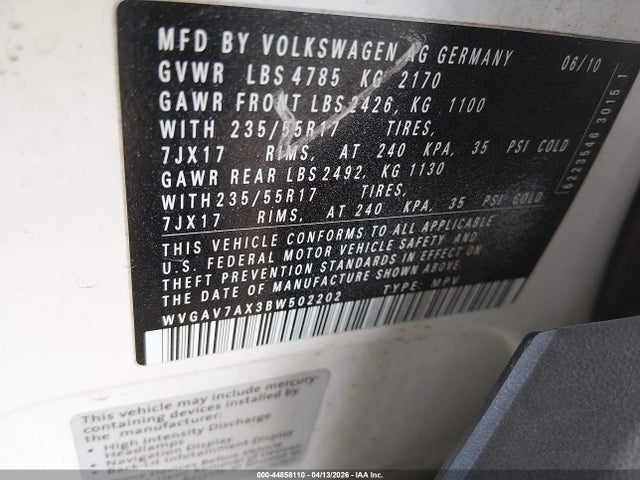 44858110 :رقم المزاد ، WVGAV7AX3BW502202 vin ، 2011 Volkswagen Tiguan Se مزاد بيع