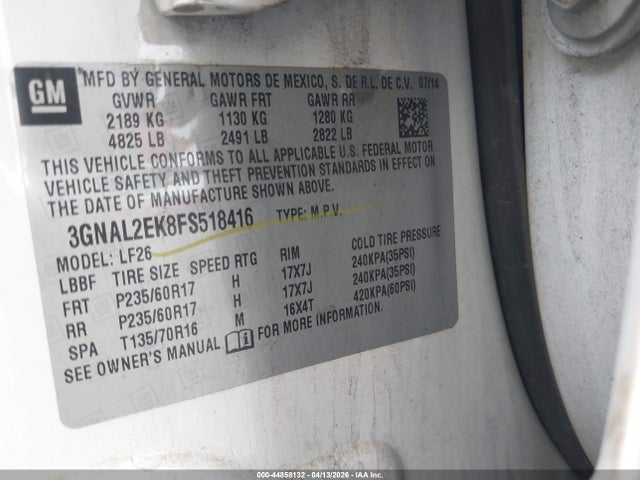 2015 Chevrolet Captiva Sport 2ls მანქანა იყიდება აუქციონზე, vin: 3GNAL2EK8FS518416, აუქციონის ნომერი: 44858132