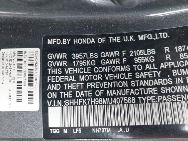 SHHFK7H98MU407568 Honda Civic Sport Touring