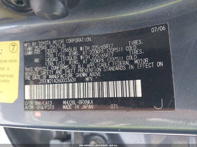 Aukcja sprzedaży 2006 Toyota Highlander Hybrid Ltd, vin: JTEEW21A260033609, numer aukcji: 44858177
