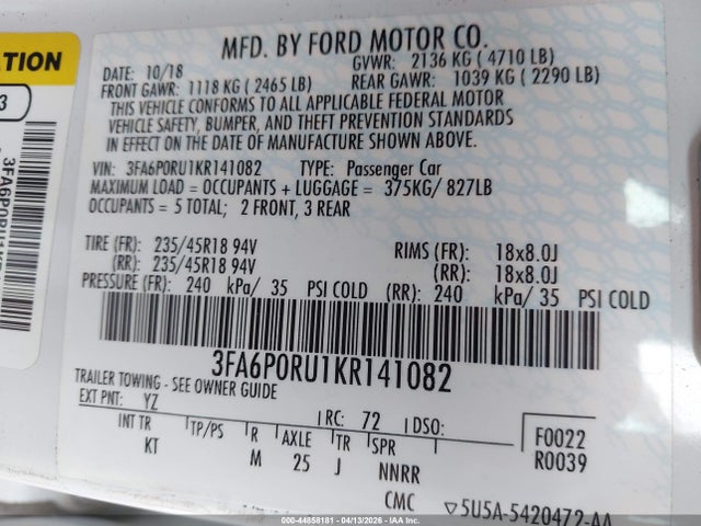 2019 FORD FUSION HYBRID 3FA6P0RU1KR141082 Photo 8