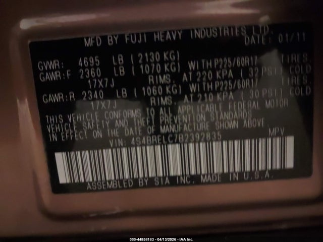 44858183 :رقم المزاد ، 4S4BRELC7B2392835 vin ، 2011 Subaru Outback 3.6r Limited مزاد بيع